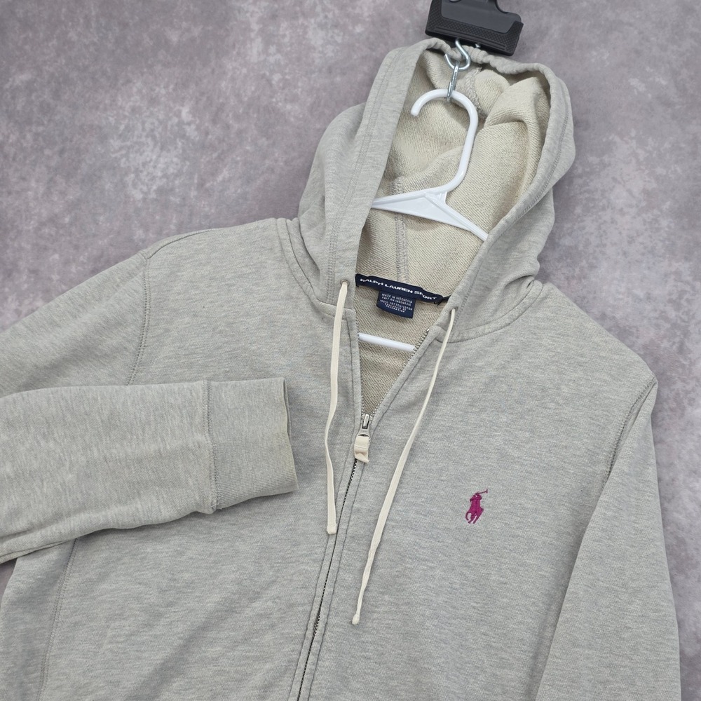 Ralph Lauren Sport Womens Gray Full Zip Hoodie Pink Pony Logo Size L Y2K